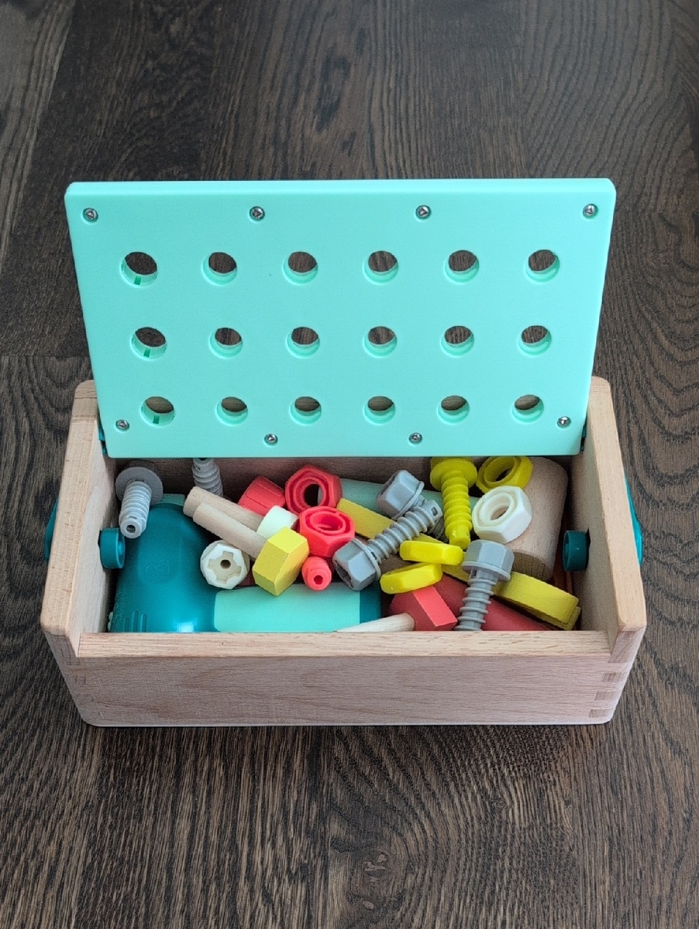 Wooden Construction/Building Toy with Colorful Pegs & Toolbox